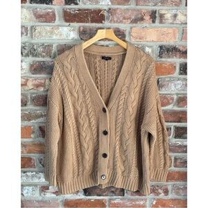 Quince Tan Oversized Cable Knit Cardigan Sweater, S